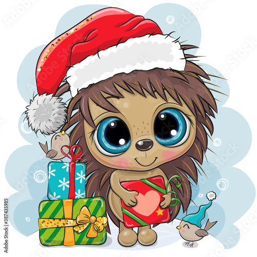 Cute Cartoon Hedgehog in Santa hat with gifts and birds