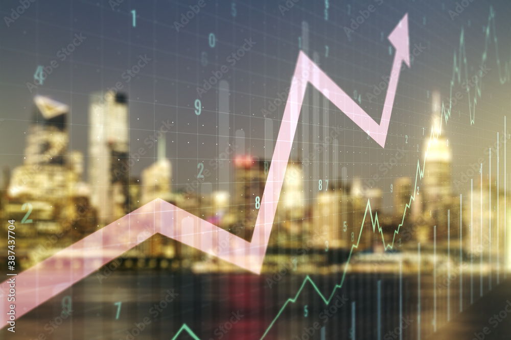 Multi exposure of virtual abstract financial chart and upward arrow interface on blurry cityscape background, rise and breakthrough concept Multi exposure of virtual abstract financial chart and upward arrow interface on blurry cityscape background, rise and breakthrough concept