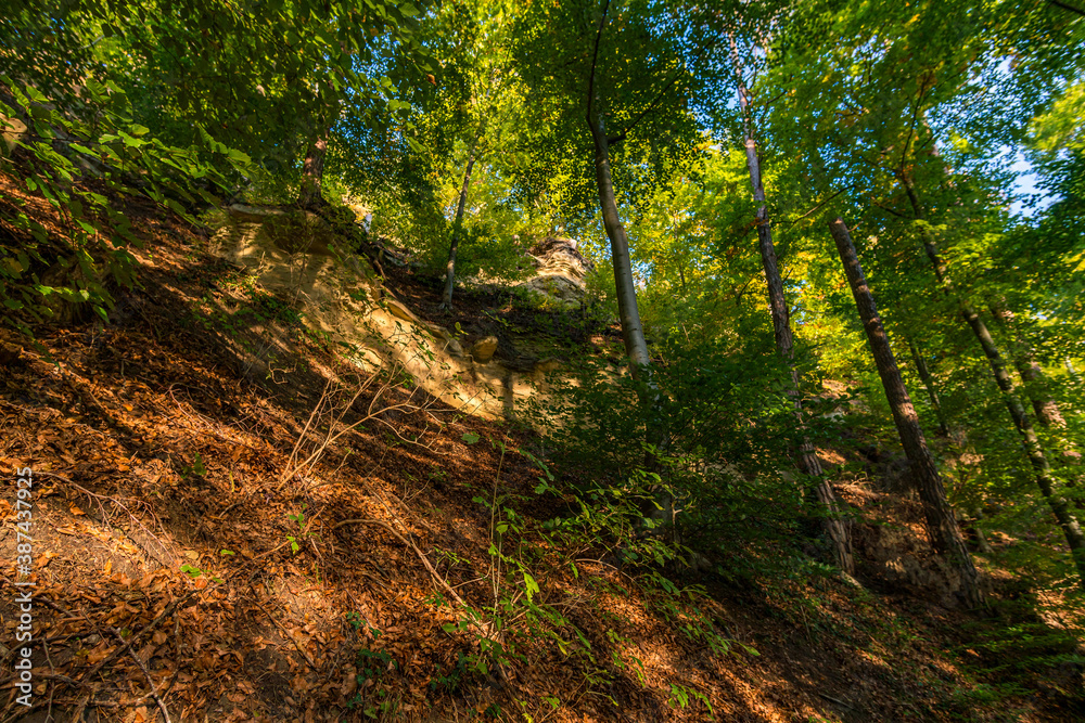 Hike at the golden hour to the famous Heidenhoehlen near Stockach on Lake Constance