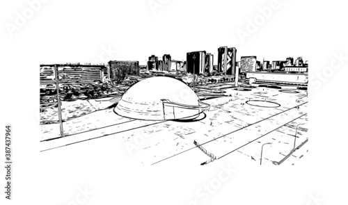 Building view with landmark of Brasilia is the federal capital of Brazil and seat of government of the Federal District. Hand drawn sketch illustration in vector.