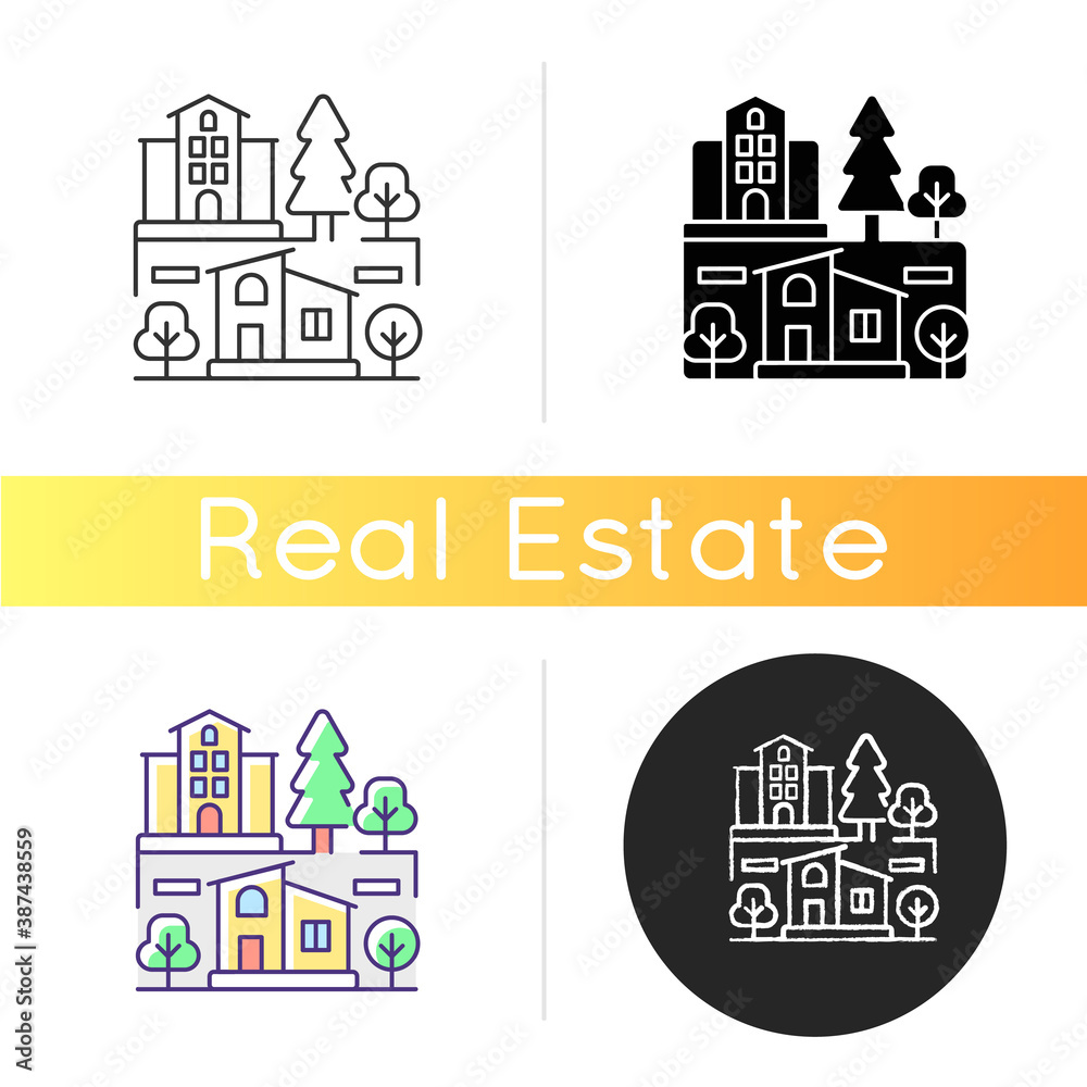 Neighborhood icon. Downtown district. Suburban living. Property types in metropolis. Skyscraper and residential house. Linear black and RGB color styles. Isolated vector illustrations