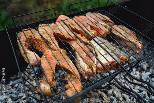 Delicious pink fish steak. Cooking on bbq grill. Close up grilling fillet with salmon red, black pepper on charcoal grill. Preparing fish bbq at picnic outdoor.