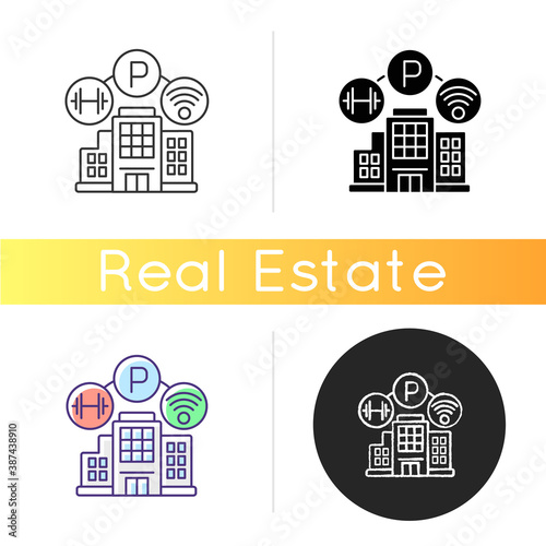 Building amenities icon. Services in hotel. Wifi spot in apartment. Comfortable living. Residential building with parking lot and gym. Linear black and RGB color styles. Isolated vector illustrations