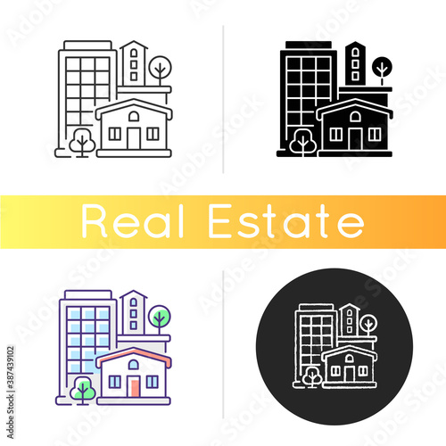 Property type icon. Office building in downtown. Residential house for dwelling. Highrise in neighborhood. Urban living. Linear black and RGB color styles. Isolated vector illustrations