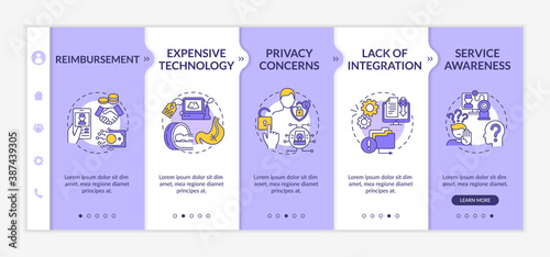 Telemedicine challenges onboarding vector template. Expensive technology. Privacy concerns. Responsive mobile website with icons. Webpage walkthrough step screens. RGB color concept