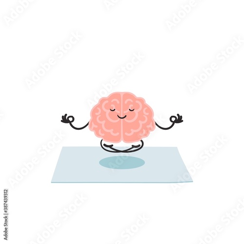 Keep calm concept.Meditating cartoon brain in lotus position. Clip art illustration isolated on white background.Flat illustration character icon design.