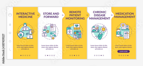 Telemedicine services types onboarding vector template. Interactive Medicine. Store and Forward. Responsive mobile website with icons. Webpage walkthrough step screens. RGB color concept
