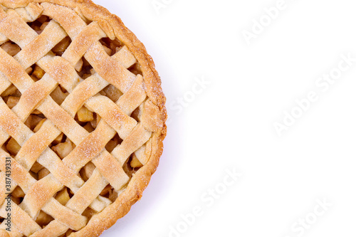 Traditional American Thanks Giving lattice pie isolated on white background. Homemade fruit tart baked to golden crust. Close up, copy space, top view.