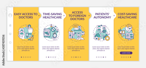 Telemedicine benefits onboarding vector template. Easy access to doctors. Time saving healthcare. Responsive mobile website with icons. Webpage walkthrough step screens. RGB color concept