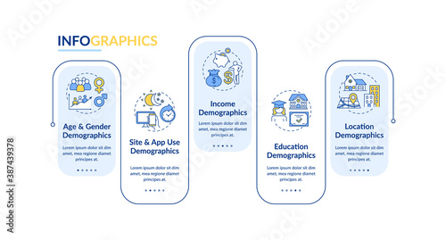 Audience insight vector infographic template. Education, location demographics presentation design elements. Data visualization with 5 steps. Process timeline chart. Workflow layout with linear icons