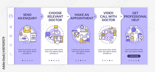 Telemedical consultation steps onboarding vector template. Send an enquiry. Choose relevant doctor. Responsive mobile website with icons. Webpage walkthrough step screens. RGB color concept