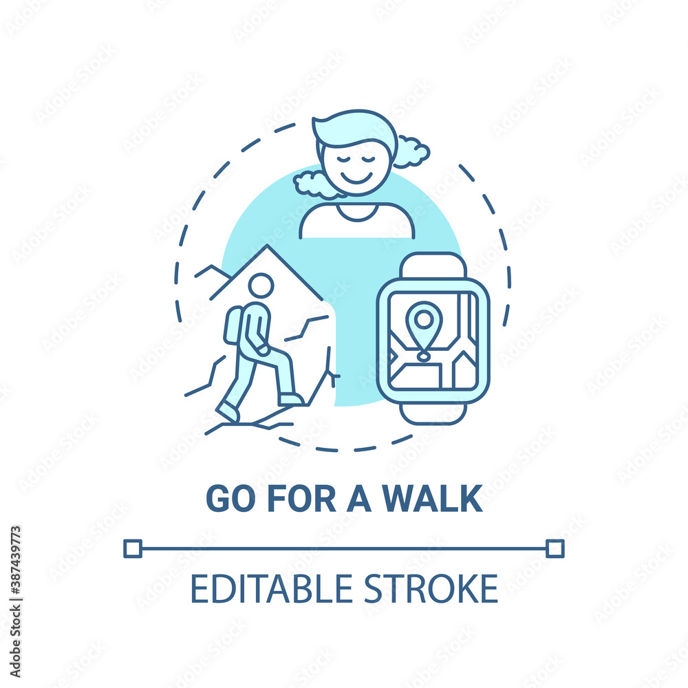 Go for a walk concept icon. Me time ideas. Healthy body activities types. Outdoor sport improving idea thin line illustration. Vector isolated outline RGB color drawing. Editable stroke