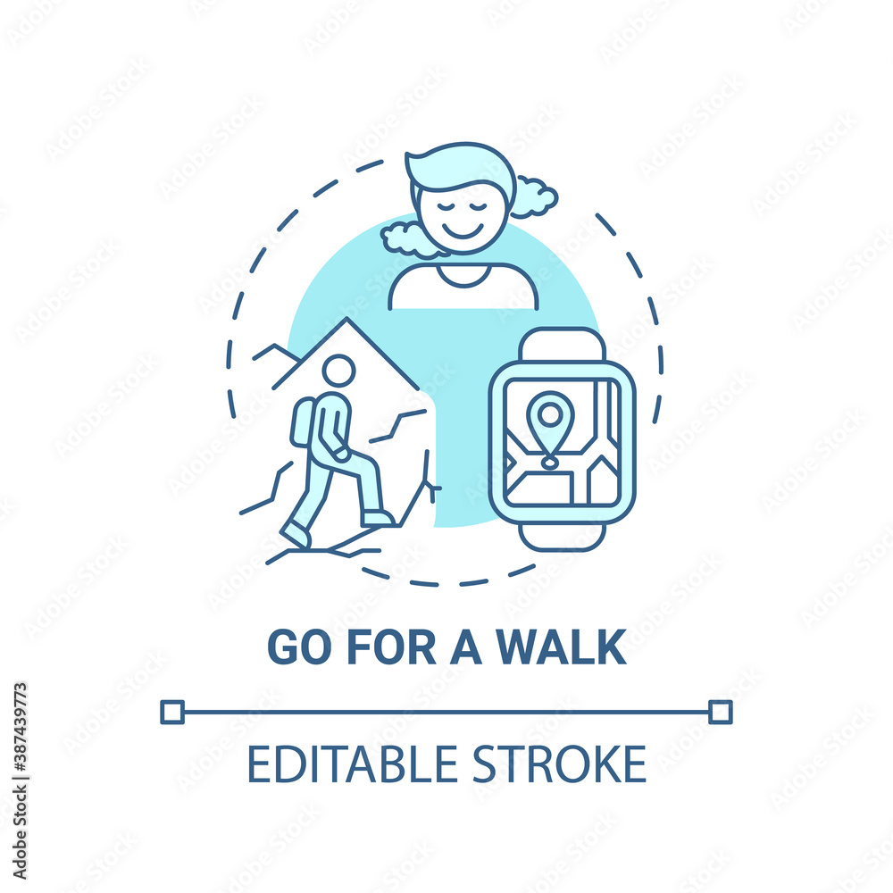 Go for a walk concept icon. Me time ideas. Healthy body activities types. Outdoor sport improving idea thin line illustration. Vector isolated outline RGB color drawing. Editable stroke Go for a walk concept icon. Me time ideas. Healthy body activities types. Outdoor sport improving idea thin line illustration. Vector isolated outline RGB color drawing. Editable stroke