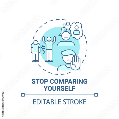 Stop comparing yourself concept icon. Body positivity tips. Loving yourself everyday. Unique people look idea thin line illustration. Vector isolated outline RGB color drawing. Editable stroke