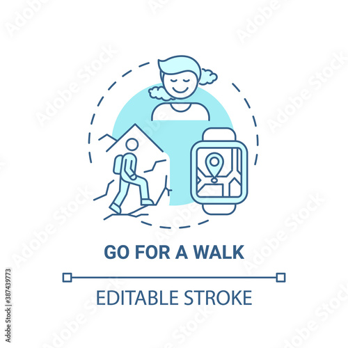 Go for a walk concept icon. Me time ideas. Healthy body activities types. Outdoor sport improving idea thin line illustration. Vector isolated outline RGB color drawing. Editable stroke