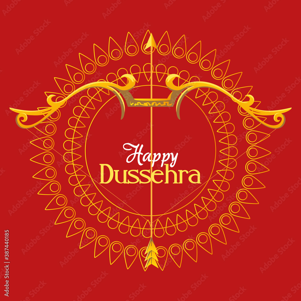 gold bow with arrow in front of mandala ornament of happy dussehra vector design