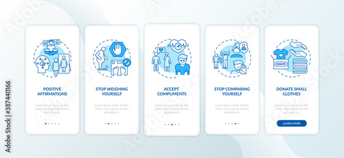 Body positivity tips onboarding mobile app page screen with concepts. Smash weighing scale walkthrough 5 steps graphic instructions. UI vector template with RGB color illustrations