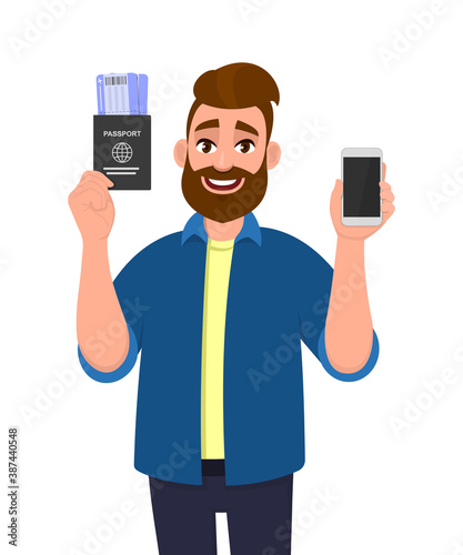 Hipster young man showing passport with tickets and blank screen phone. Trendy bearded person holding boarding pass and mobile, cell or smartphone. Male cartoon illustration design in vector style.