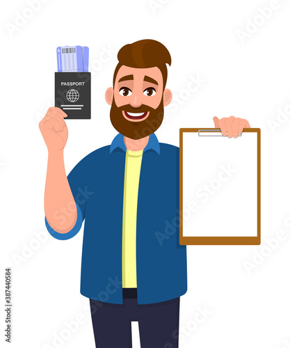 Hipster young man showing passport with tickets and blank clipboard. Bearded person holding a boarding pass and checklist, report or document. Male character illustration in vector cartoon style.