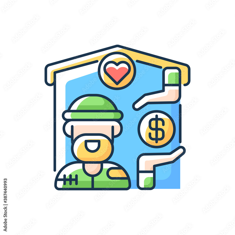 Shelter services RGB color icon. Safe accommodation. Homeless shelter. Emergency placement. Housing and inpatient treatment. Homelessness. Immediate protection needs. Isolated vector illustration Shelter services RGB color icon. Safe accommodation. Homeless shelter. Emergency placement. Housing and inpatient treatment. Homelessness. Immediate protection needs. Isolated vector illustration