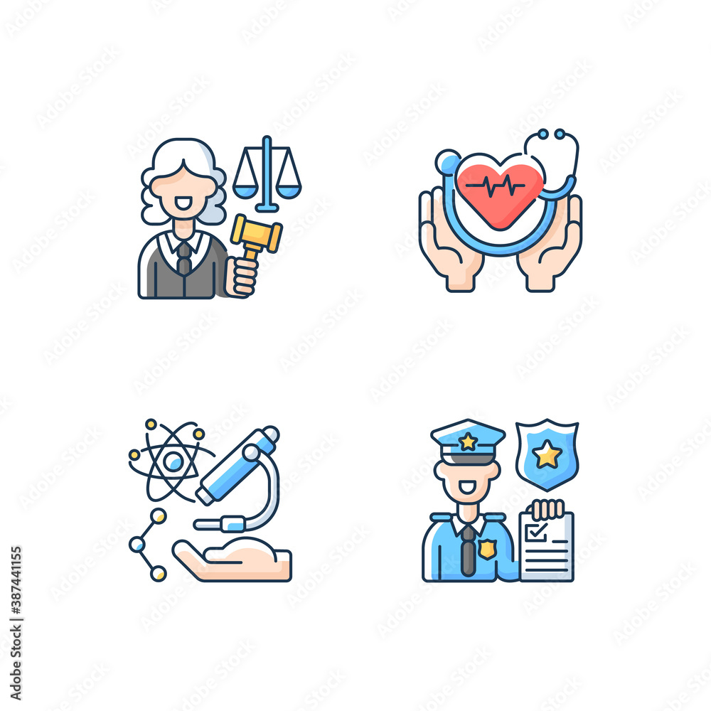 Critical services RGB color icons set. Justice sector. Health care. Human services. Research. Law enforcement. Judiciary. Medical social services. Police officer. Isolated vector illustrations