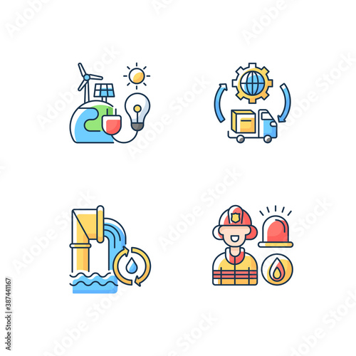 Basic services RGB color icons set. Renewable-energy facilities. Water and wastewater. Firefighting. Transportation and logistics. Truck. Protecting public health. Isolated vector illustrations