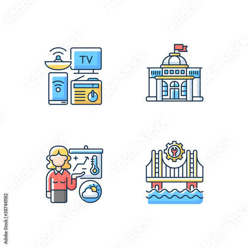 Core services RGB color icons set. Electronic devices. Political power. Construction. Weather forecasters. Modern gadgets. Barometric pressure. Building bridge. Isolated vector illustrations