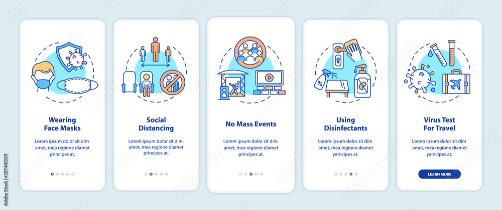New public rules onboarding mobile app page screen with concepts. Face masks, social distancing walkthrough 5 steps graphic instructions. UI vector template with RGB color illustrations