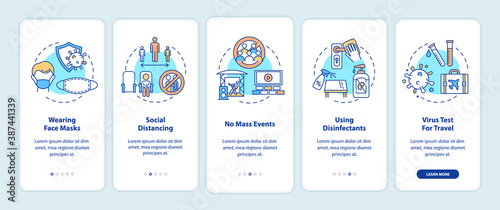 New public rules onboarding mobile app page screen with concepts. Face masks, social distancing walkthrough 5 steps graphic instructions. UI vector template with RGB color illustrations