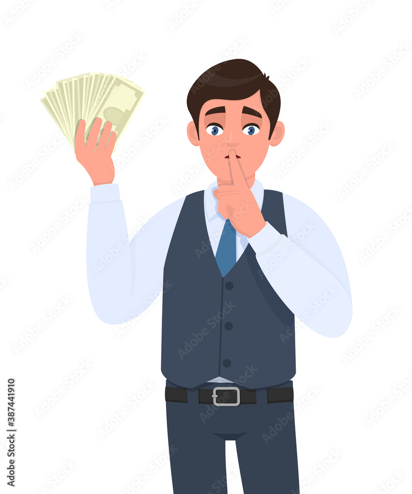 Young businessman in waistcoat showing cash, money and asking silence. Trendy person holding currency notes and keeping finger on lips. Stylish male character design illustration in vector cartoon. Young businessman in waistcoat showing cash, money and asking silence. Trendy person holding currency notes and keeping finger on lips. Stylish male character design illustration in vector cartoon.