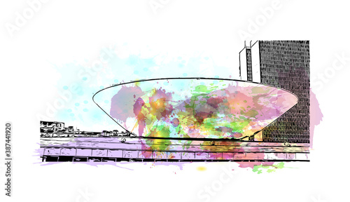 Building view with landmark of Brasilia is the federal capital of Brazil and seat of government of the Federal District. Watercolor splash with hand drawn sketch illustration in vector.