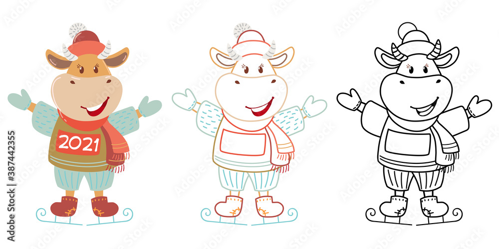 Obraz premium Cute cartoon cow. Vector illustration with bull, symbol of the Chinese new year 2021. Cow on ice. Coloring pages.