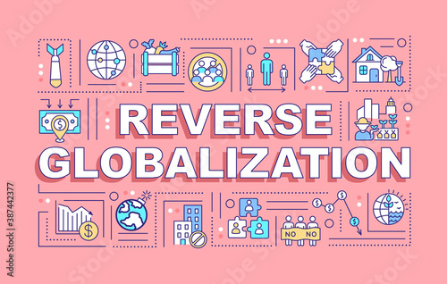 Reverse globalization word concepts banner. Economic depression. Negative growth. Infographics with linear icons on pink background. Isolated typography. Vector outline RGB color illustration