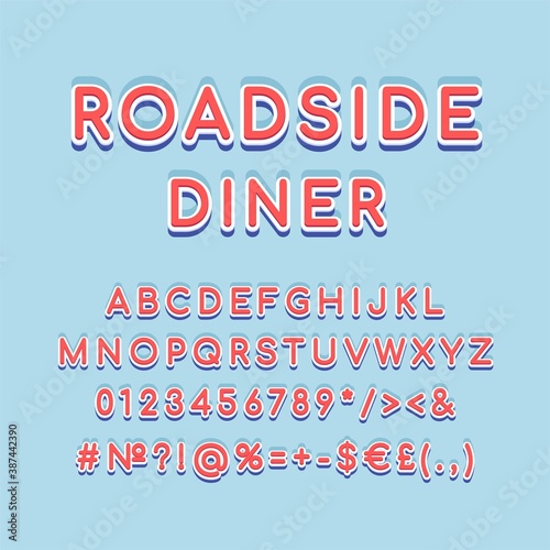 Roadside diner header vintage 3d vector alphabet set. Retro bold font, typeface. Pop art stylized lettering. Old school style letters, numbers, symbols pack. 90s, 80s creative typeset design template