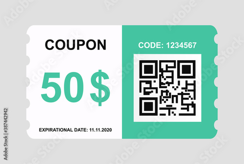 Vector discount coupon flyer sticker or banner with QR code photo
