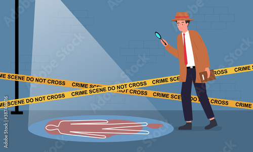 Private detective and investigation concept. The detective examining the murder scene. Flat cartoon vector illustration.