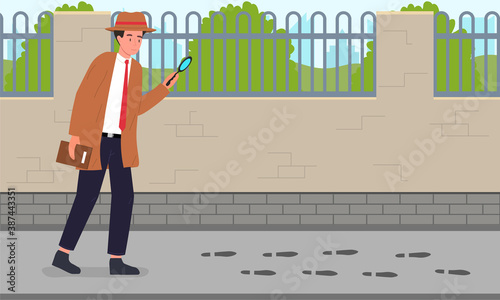 Detective Investigation concept with a private investigator examining shoe marks on the sidewalk. Flat cartoon vector illustration.