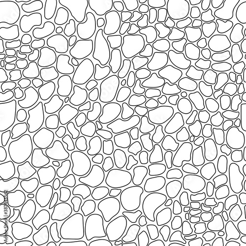 Pattern, black and white seamless background. Hand-drawn abstract contour shapes. Paved cobblestone old pavement, sidewalk, pebbles, paving stones, wall