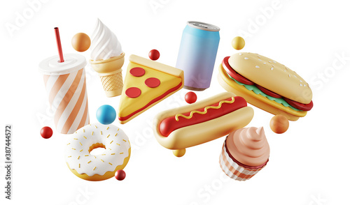 Minimal background for fast food concept. Food and beverage on white background. 3d rendering illustration. Clipping path of each element included.