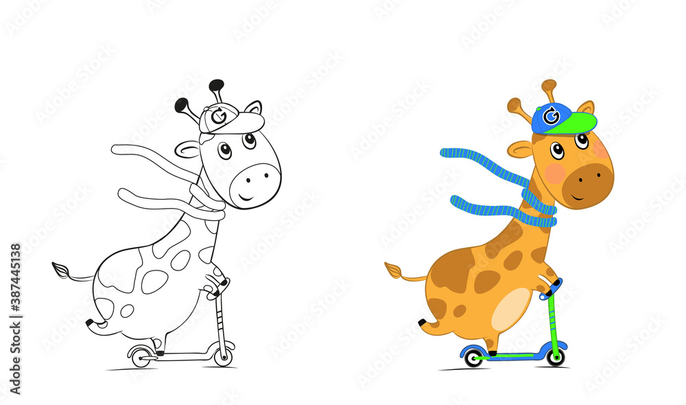 Vector illustration of a small cute giraffe on a scooter isolated on white background.Children's coloring book. Vector illustration of a small cute giraffe on a scooter isolated on white background.Children's coloring book.