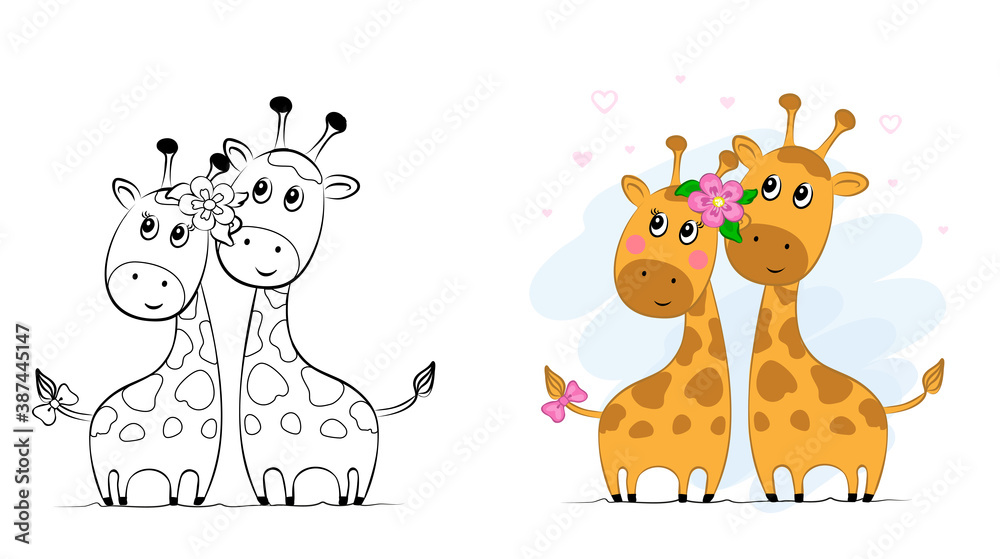 Set vector illustration of two cute loving giraffes. Isolated objects on white background.Children's coloring book.