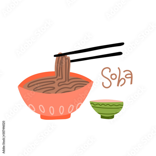 Bowl of buckwheat noodles. Soba side view. Chopsticks hovering above. Wan mian. South East Asian cuisine. Isolated vector illustration.