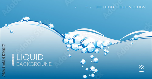 Liquid background with air bubbles, effervescent water. Dynamic movement of water, randomly moving bubbles, on a blue background, realistic 3d vector illustration.