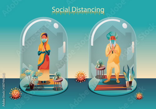 Social distancing, people keep distance and avoid physical contact, handshake or hand touch to protect from COVID-19 coronavirus spreading concept, people are using the INDIA greeting of Namaste