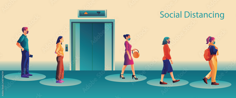 Fototapeta premium Social Distancing, People keeping distance for infection risk and disease, wearing a surgical protective Medical mask for preventing virus Covid-19 or Coronavirus novel. Health care concept.