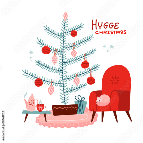 Red armchair with cat and table with cup of tea or coffee, teapot, . Decorated christmas tree with decoration balls and baubles. Flat scandinavian style vector illustration.