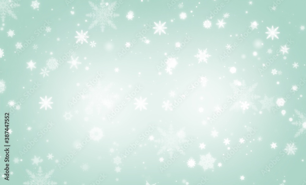Green abstract background. white light and snowflakes bokeh winter for Christmas new year blurred beautiful shiny lights use for card banner wallpaper backdrop and your product.