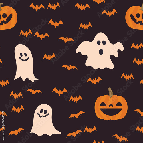 Halloween pumpkins, bats and ghosts seamless pattern. Cute illustrations background.