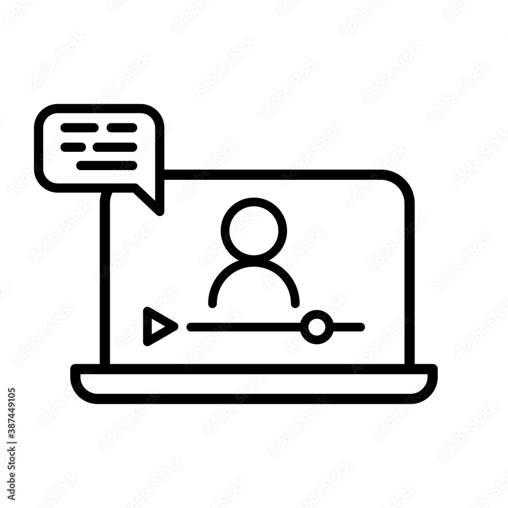 Online lesson icon. Video training symbol. Linear vector icon. Person talking in screen. Online lesson icon. Video training symbol. Linear vector icon. Person talking in screen.