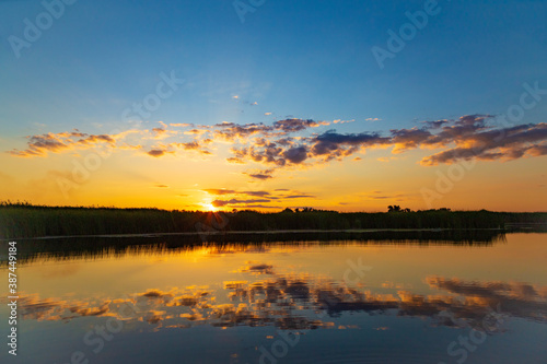  Autumn golden sunset on a quiet lake